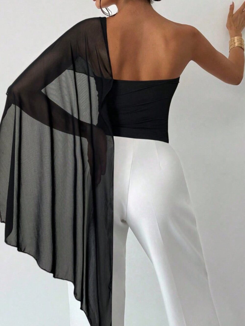 Black Elegant Women's Asymmetrical Shoulder Mesh Knit Ruffle Beach Blouse - Picture 2 of 6